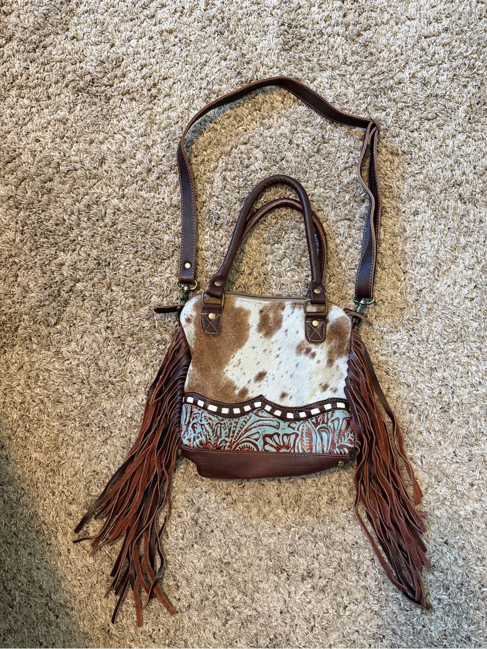 Maya Brown and White Cowhide Fringe Crossbody Bag